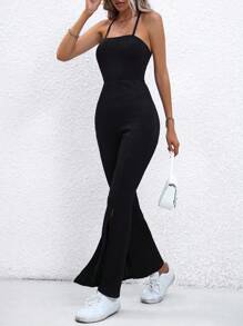 SHEIN Essnce 素色高衩喇叭繞頸連體褲 - 黑色 - 查看 6