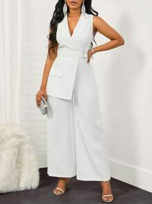 SHEIN Lady Lapel Neck Belted Wide Leg Jumpsuit - White - View 3