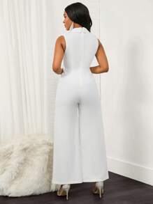 SHEIN Lady Lapel Neck Belted Wide Leg Jumpsuit - White - View 2
