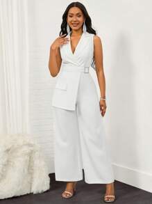 SHEIN Lady Lapel Neck Belted Wide Leg Jumpsuit - White - View 4