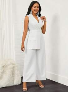 SHEIN Lady Lapel Neck Belted Wide Leg Jumpsuit - White - View 6