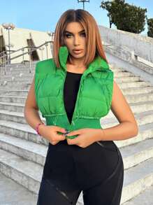 SHEIN SXY Zip Up Crop Vest Padded Coat - Green - View 3