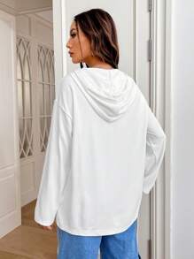 SHEIN EZwear Half Button Drop Shoulder Drawstring Hooded Tee - White - View 2