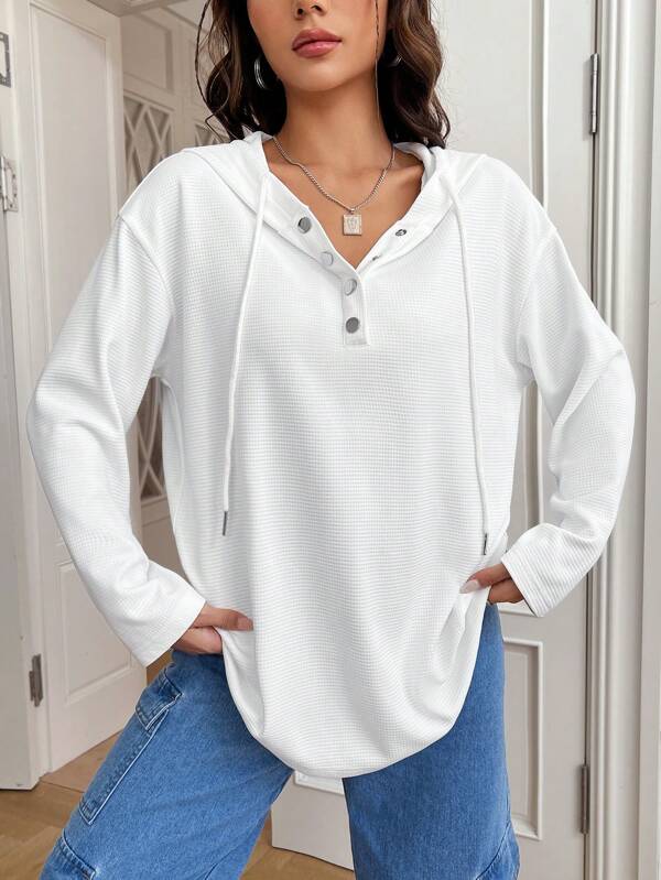 SHEIN EZwear Half Button Drop Shoulder Drawstring Hooded Tee