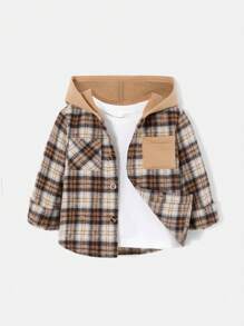 SHEIN 男嬰格紋印花連帽襯衫不帶T恤 - 卡其色 - 查看 1