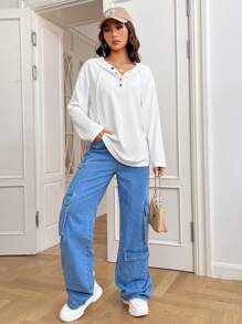 SHEIN EZwear Half Button Drop Shoulder Drawstring Hooded Tee - White - View 4