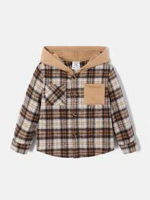 SHEIN 男嬰格紋印花連帽襯衫不帶T恤 - 卡其色 - 查看 3