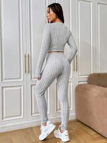 SHEIN EZwear Letter Patched Detail Crop Tee & Leggings - Light Grey - View 2