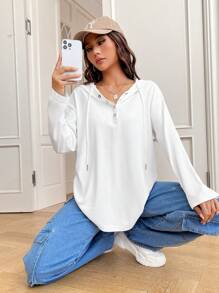 SHEIN EZwear Half Button Drop Shoulder Drawstring Hooded Tee - White - View 5