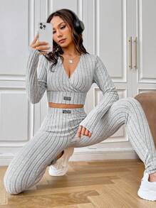 SHEIN EZwear Letter Patched Detail Crop Tee & Leggings - Light Grey - View 3