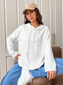 SHEIN EZwear Half Button Drop Shoulder Drawstring Hooded Tee - White - View 6
