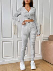 SHEIN EZwear Letter Patched Detail Crop Tee & Leggings - Light Grey - View 4