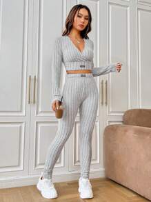 SHEIN EZwear Letter Patched Detail Crop Tee & Leggings - Light Grey - View 5