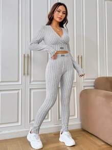 SHEIN EZwear Letter Patched Detail Crop Tee & Leggings - Light Grey - View 6
