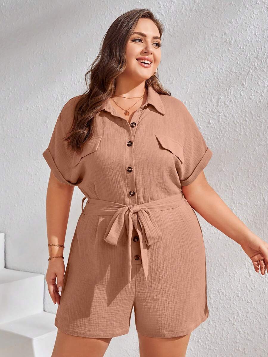 SHEIN LUNE 大碼蝙蝠袖腰帶襯衫連體短褲