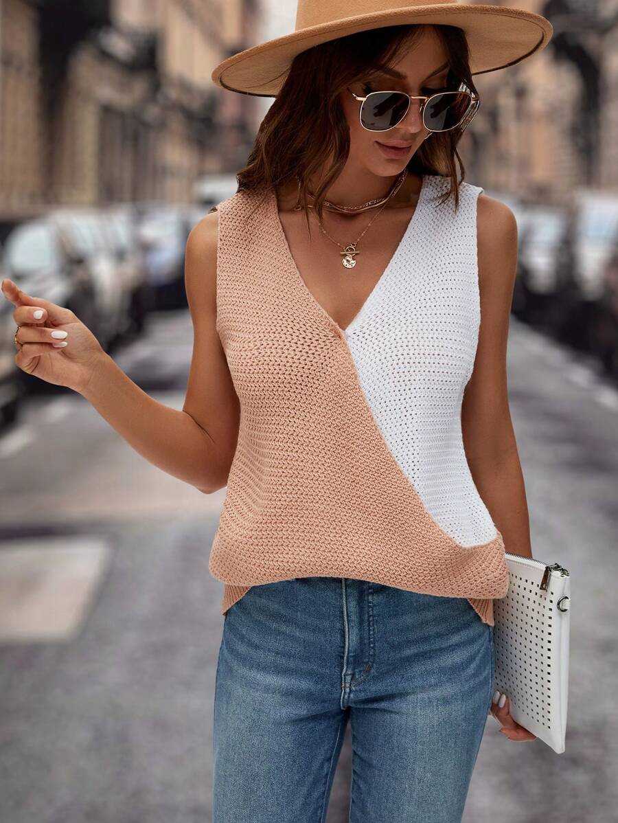 SHEIN LUNE Two Tone V Neck Sweater Vest - Apricot - View 1