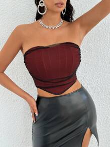 Zolique 褶邊不對稱下擺抹胸上衣 - 酒紅色 - 查看 5