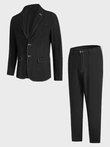 GENTILAND Men Contrast Piping Blazer & Trousers Without Tee - Black - View 2