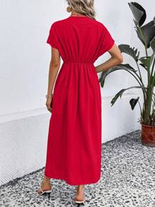 SHEIN Clasi Solid Plunging Neck Fold Pleated Detail Dress