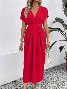 SHEIN Clasi Solid Plunging Neck Fold Pleated Detail Dress