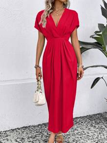 SHEIN Clasi Solid Plunging Neck Fold Pleated Detail Dress