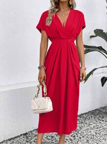 SHEIN Clasi Solid Plunging Neck Fold Pleated Detail Dress
