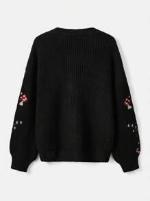 ROMWE Fairycore Mushroom Embroidery Button Front Cardigan - Black - View 5
