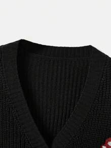 ROMWE Fairycore Mushroom Embroidery Button Front Cardigan - Black - View 3