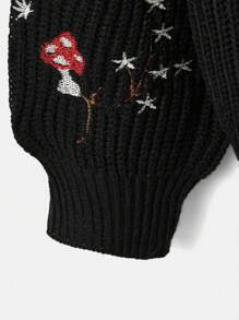 ROMWE Fairycore Mushroom Embroidery Button Front Cardigan - Black - View 4