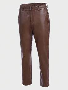 GENTILAND Men Slant Pocket PU Leather Suit Trousers - Coffee Brown - View 2
