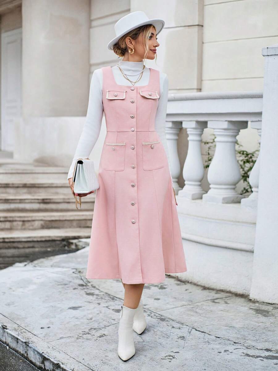 SHEIN Privé 翻蓋口袋前紐扣連衣裙無毛衣 - 粉色 - 查看 1