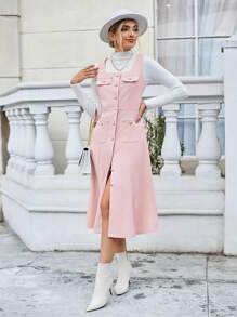 SHEIN Privé 翻蓋口袋前紐扣連衣裙無毛衣 - 粉色 - 查看 3