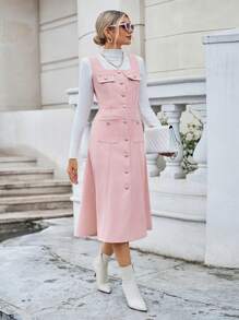 SHEIN Privé 翻蓋口袋前紐扣連衣裙無毛衣 - 粉色 - 查看 4