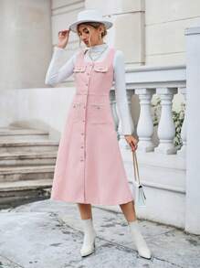 SHEIN Privé 翻蓋口袋前紐扣連衣裙無毛衣 - 粉色 - 查看 6