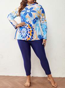 SHEIN Swim Curve 大码花卉印花高领全身防晒衣夏季海滩 - 彩色 - 查看 5