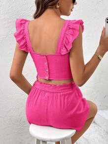 SHEIN Privé Ruffle Trim Sweetheart Neck Crop Top - Hot Pink - View 1