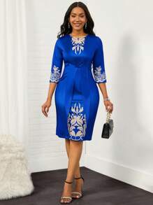 SHEIN Lady 印花緊身洋裝 - 寶藍色 - 查看 1