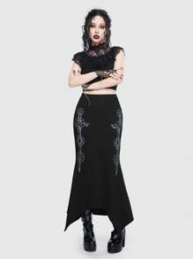 ROMWE Goth Graphic Print Asymmetrical Hem Skirt - Black - View 2