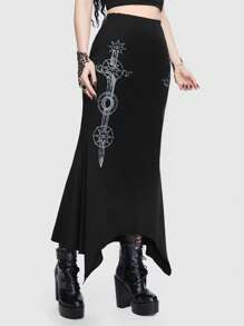 ROMWE Goth Graphic Print Asymmetrical Hem Skirt - Black - View 4