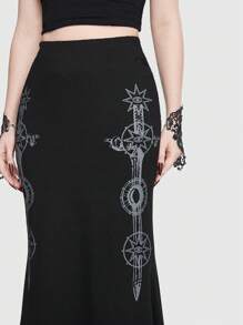 ROMWE Goth Graphic Print Asymmetrical Hem Skirt - Black - View 6