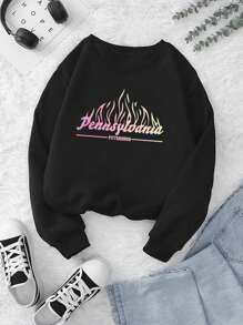 SHEIN EZwear 火和字母圖案加絨內裏運動衫