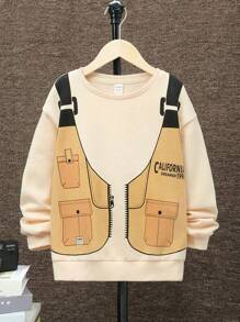 SHEIN Chico preadolescente Pullover con estampado de letra con forro térmico - Albaricoque - Ver 1