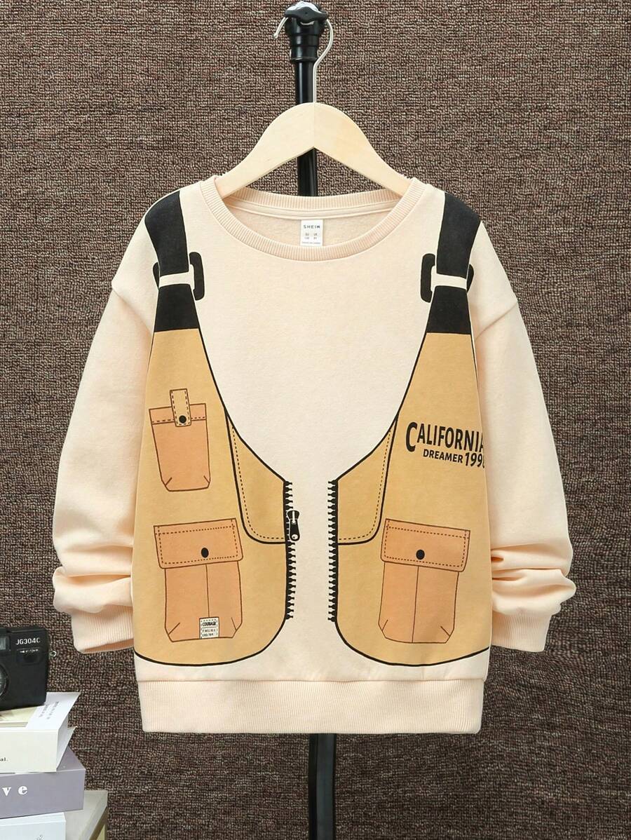 SHEIN Chico preadolescente Pullover con estampado de letra con forro térmico - Albaricoque - Ver 1