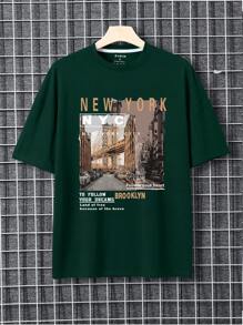 Men Building And Slogan Graphic Tee - Dark Green - View 1
