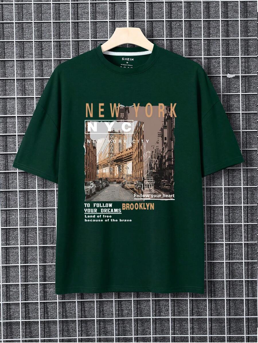 Men Building And Slogan Graphic Tee - Dark Green - View 1
