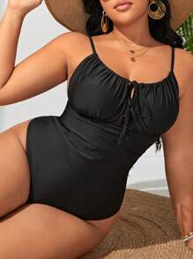 Swim Lushoire Summer Beach Plus Tie Front Ruched Bust One Piece Swimsuit - Black - View 3