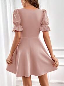 SHEIN Privé Square Neck Puff Sleeve A-Line Dress Petite Dress - Dusty Pink - View 2