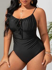 Swim Lushoire Summer Beach Plus Tie Front Ruched Bust One Piece Swimsuit - Black - View 4