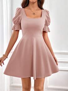 SHEIN Privé Square Neck Puff Sleeve A-Line Dress Petite Dress - Dusty Pink - View 4
