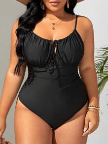 Swim Lushoire Summer Beach Plus Tie Front Ruched Bust One Piece Swimsuit - Black - View 5